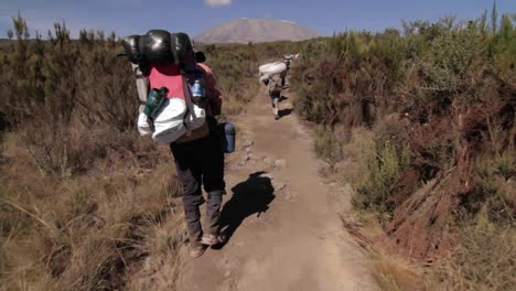 headed down trail behind porters kilimanjaro in the background