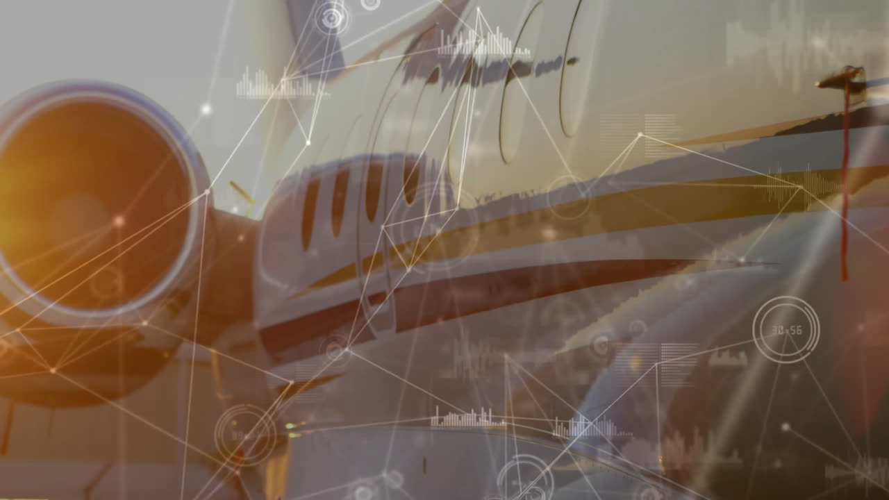 двигатель воздушного судна и фюзеляж с наложенной анимацией обработки данных