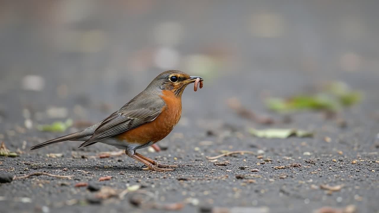 A beautiful bird foraging on the ground, skillfully grasping a worm while showcasing its vibrant plumage and keen hunting instincts in a serene environment