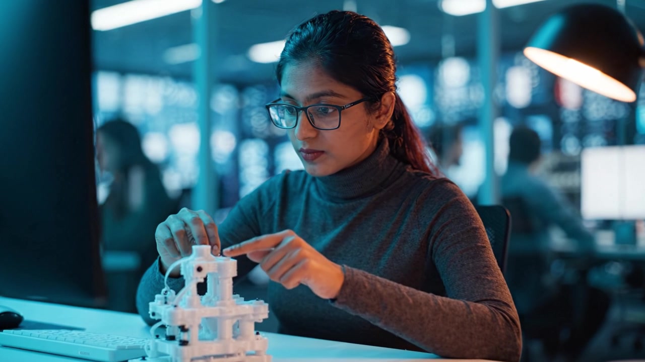Focused engineer assembling a mechanical model in a tech lab, showcasing concentration and creativity in engineering and design, with modern workspace elements in view.