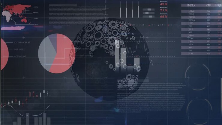 On start gear sphere rotating, charts updating, labels fading, world map highlighting finance data