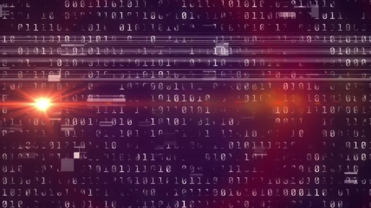 animatie van vhs glitch effect en lichtvlek die zich verplaatst tegen binaire codering tegen zwarte achtergrond