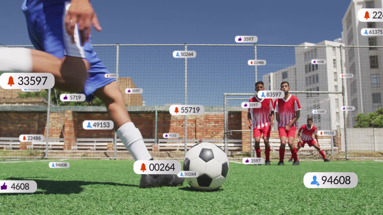 Soccer players on field with social media likes and followers animation over scene