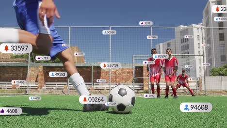 soccer players on field with social media likes and followers animation over scene