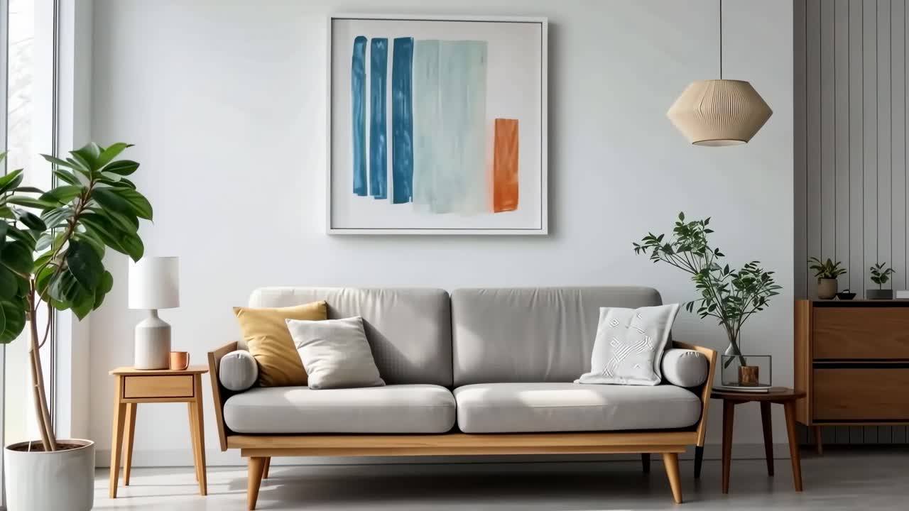 Moderne stue med minimalistisk indretning, med en neutral sofa, abstrakt kunst og planter