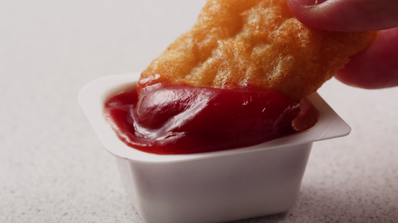 Hand taucht Chicken Nuggets in Ketchup