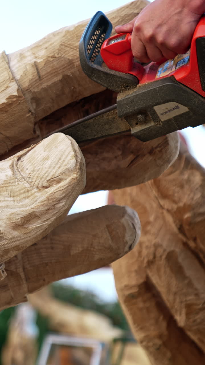 Holzskulptur herstellen. Kettensägenkunst erschafft attraktiven Mann. Vertikales Video