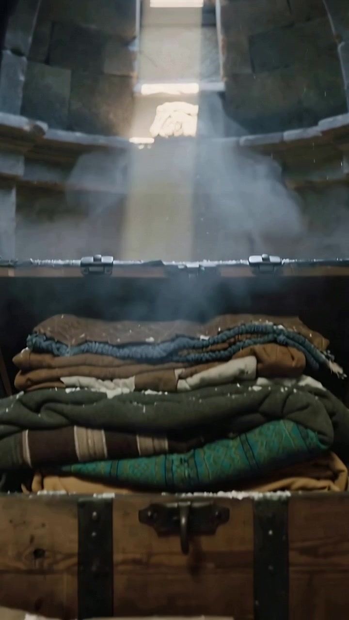 Vertical video: Beam shining through high window showing dust on blankets atop chest in stone vault