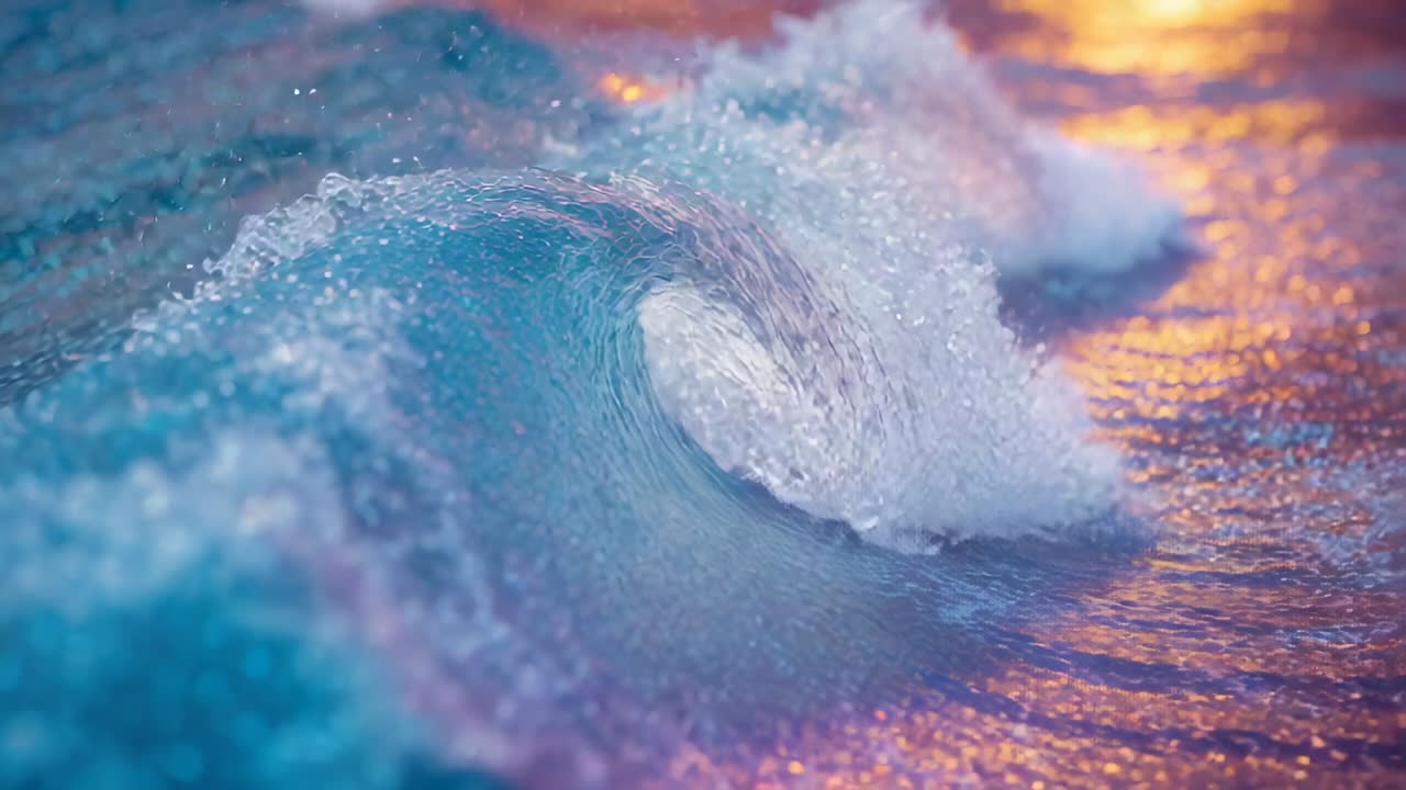 Rolling in from right side, ocean wave curling into near-shore water, with sunlight reflections