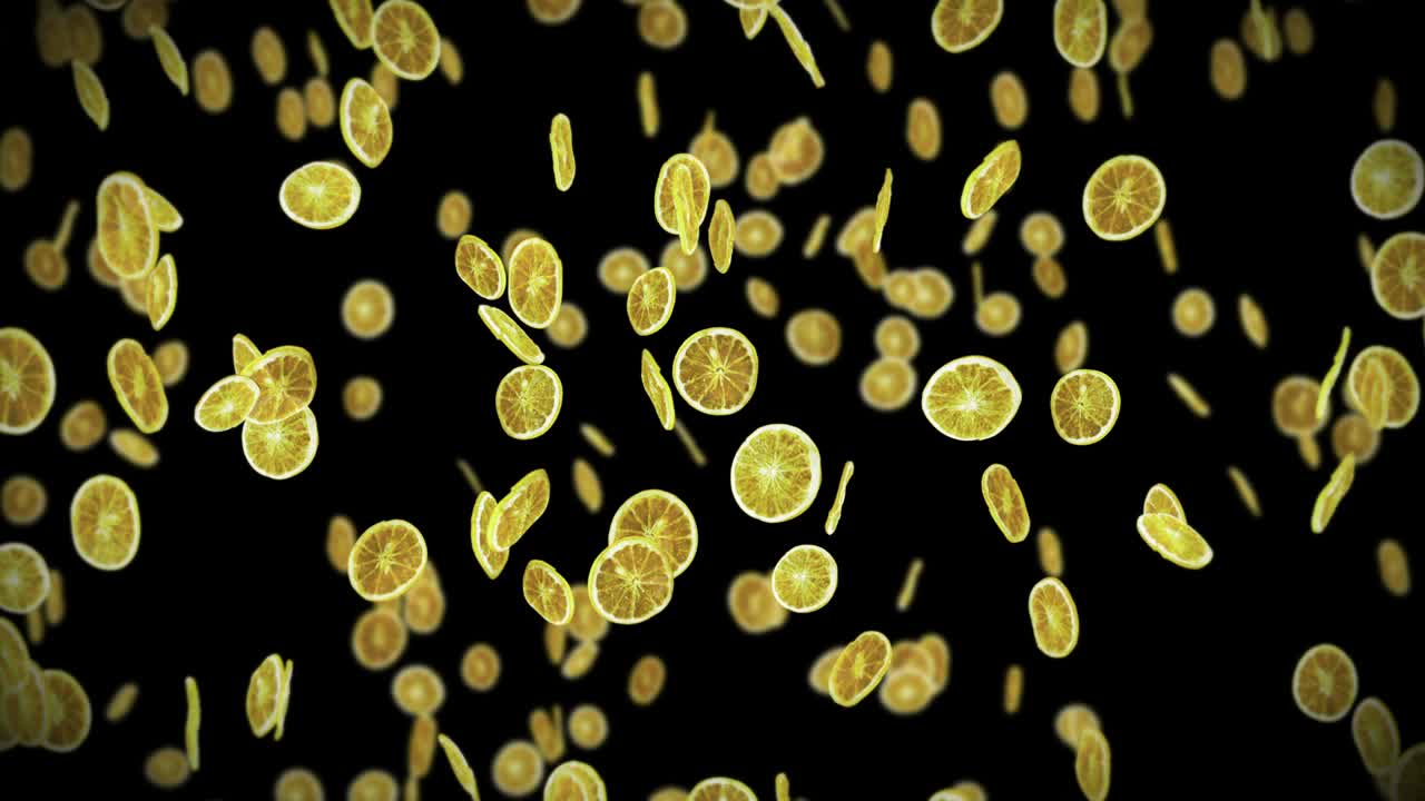 검은 바탕에 많은 건조 레몬을 날아. 탈수 된 과일, 음식 개념. 3d 애니메이션 조각 된 과일 레몬 회전. 루프 애니메이션.