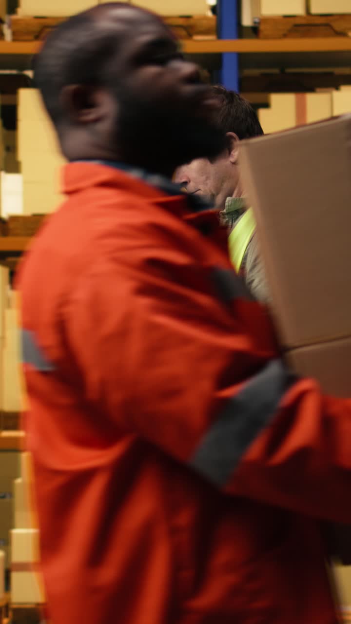 Vertical Video Facility Personnel Organizing Merchandise In Distribution Center Racks