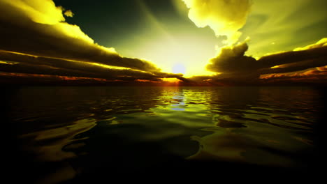 vibrant sunset over a serene lake reflecting golden hues and clouds