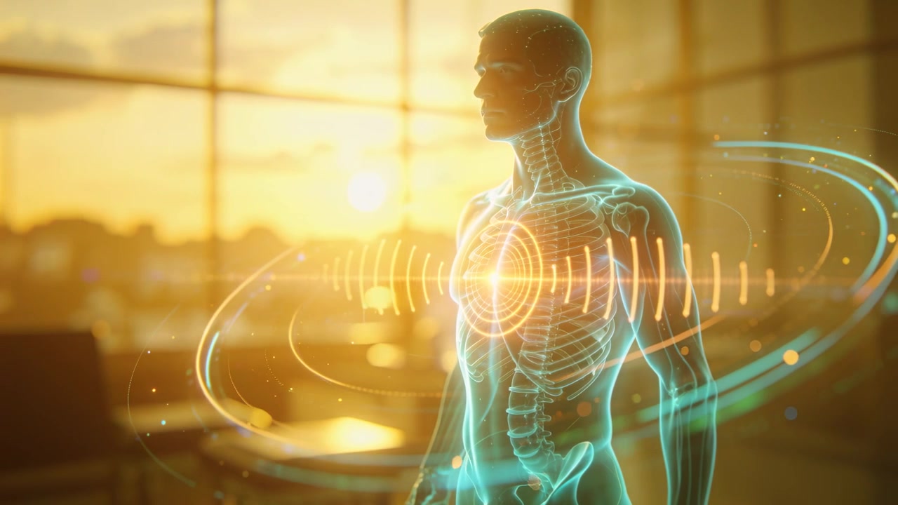 Responding to camera pan, anatomical hologram rotating to right profile at windows, revealing core