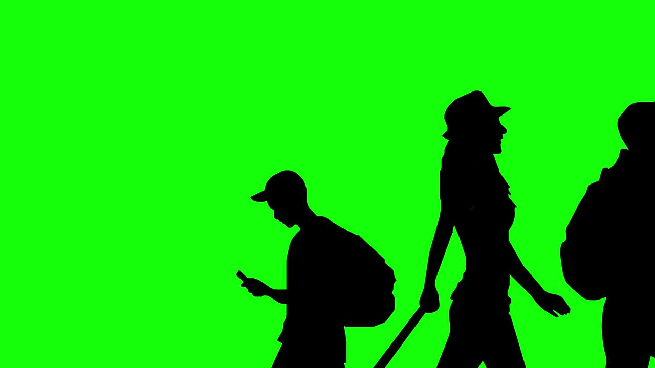 큰 군중이 가로지르는 애니메이션 (4k 비디오) 실루 버전 카메라 확대 애니메이션 녹색 배경 배경 투명 사용