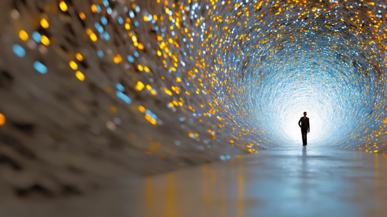 A solitary figure stands at the end of a mesmerizing tunnel filled with vibrant lights and swirling patterns, symbolizing journey and discovery through abstract realms