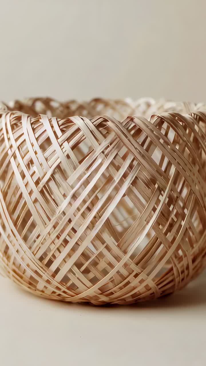 Vertical video: Moving camera showing woven basket rim on tabletop studio, showing cloth for detail