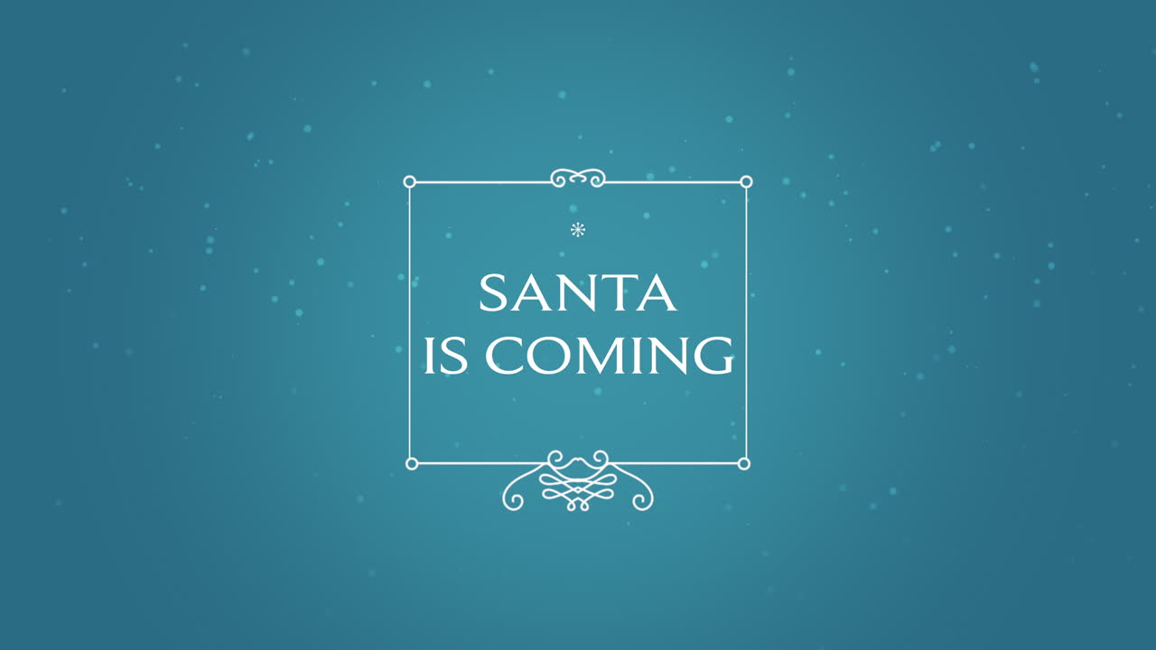 Arriva Babbo Natale con neve e cornice su gradiente blu