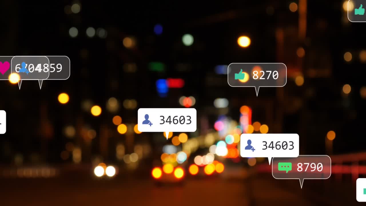 소셜 미디어 아이콘과 숫자의 애니메이션이 초점을 맞추지 않는 교통 신호등
