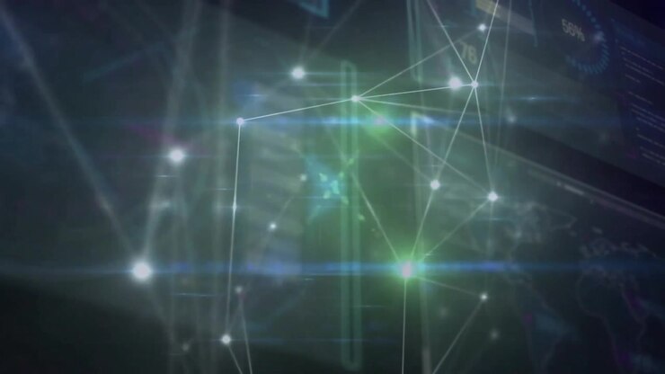 Upon UI activating, luminous nodes linking with lines forming mesh pulsing revealing dashboards