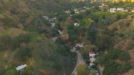 Kurvenreiche-Straßen-Von-Oben-Gesehen,-Laurel-Canyon-Road-Mit-Fahrenden-Autos-Umgeben-Von-Bäumen,-Aus-Der-Sicht-Einer-Drohne