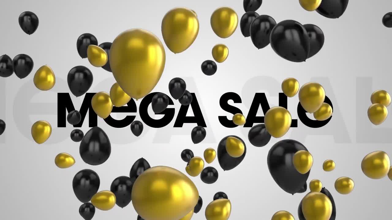 animación de texto de mega venta y globos sobre fondo blanco.