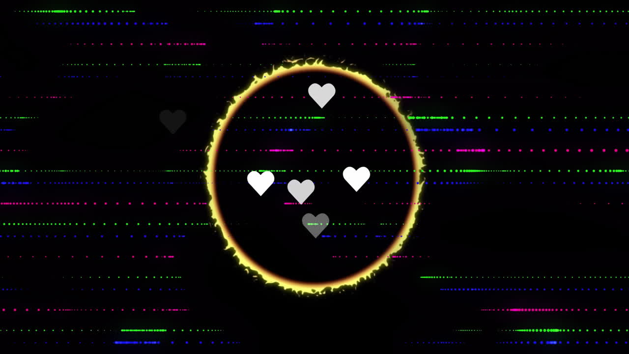Glowing golden ring floating over black canvas glitch lines streaking across hearts drifting inside