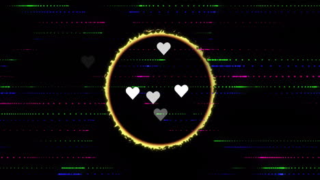 glowing golden ring floating over black canvas glitch lines streaking across hearts drifting inside
