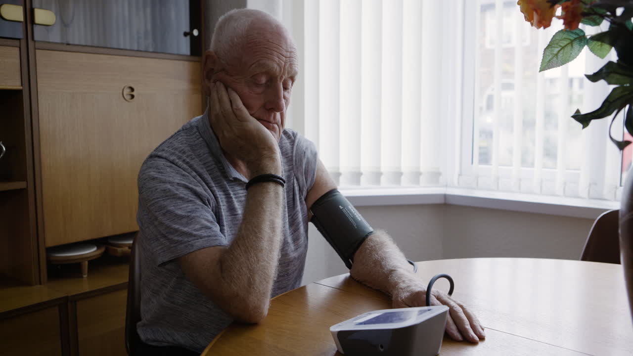 Senior man checking blood pressure at home
