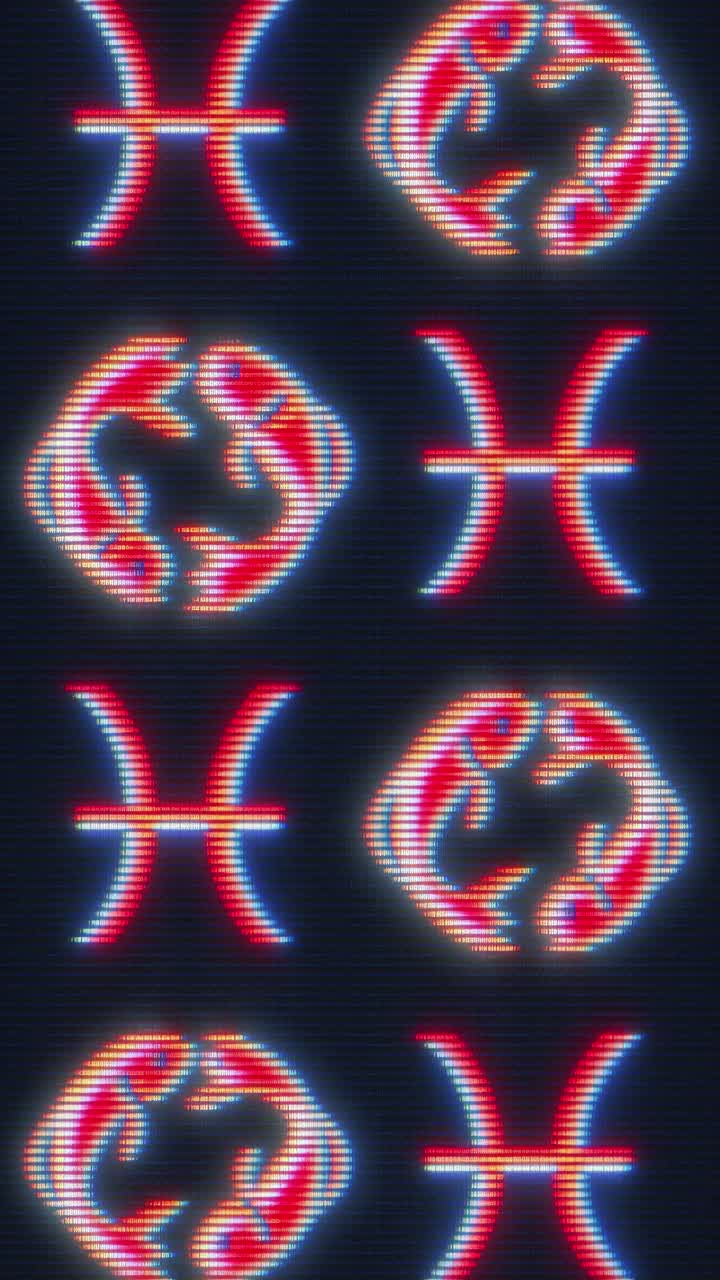 Afbeelding in retro videostijl met een bovenaanzicht, met gepixelde Vissen symbolen in levendig neon