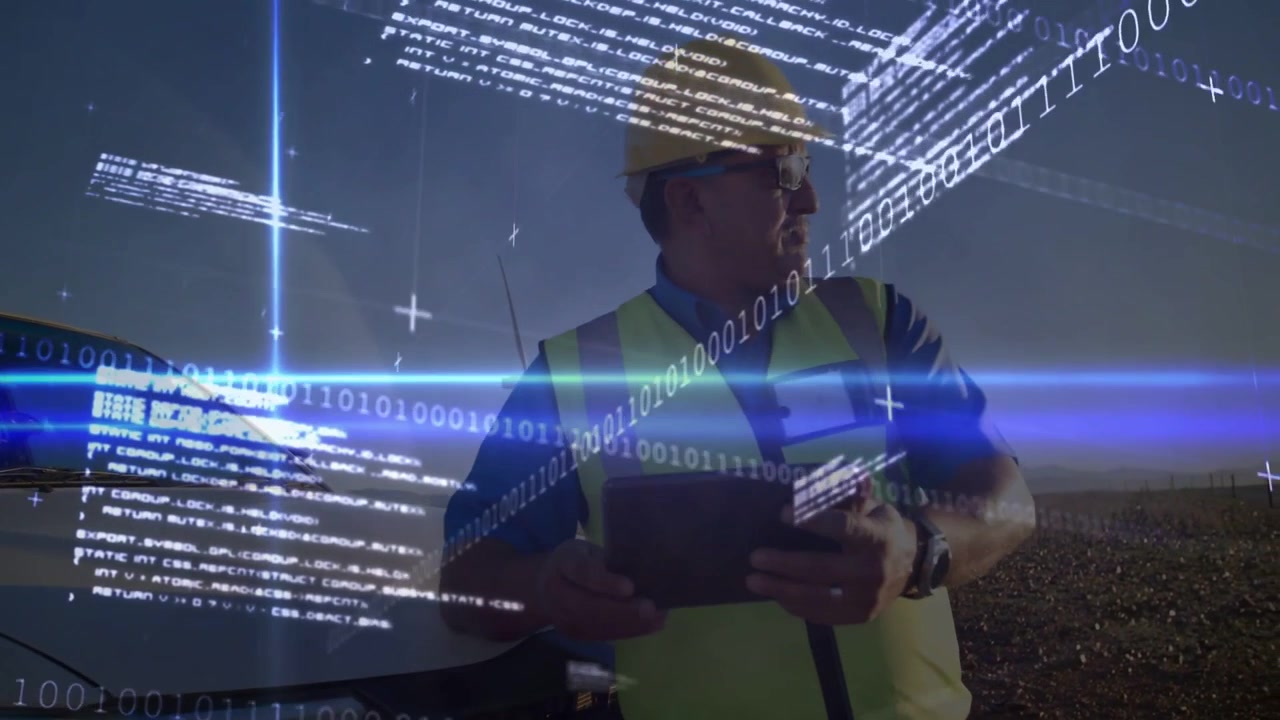 Field tech holding tablet tapping, scanning site as HUD graphics sweeping, revealing turbine data