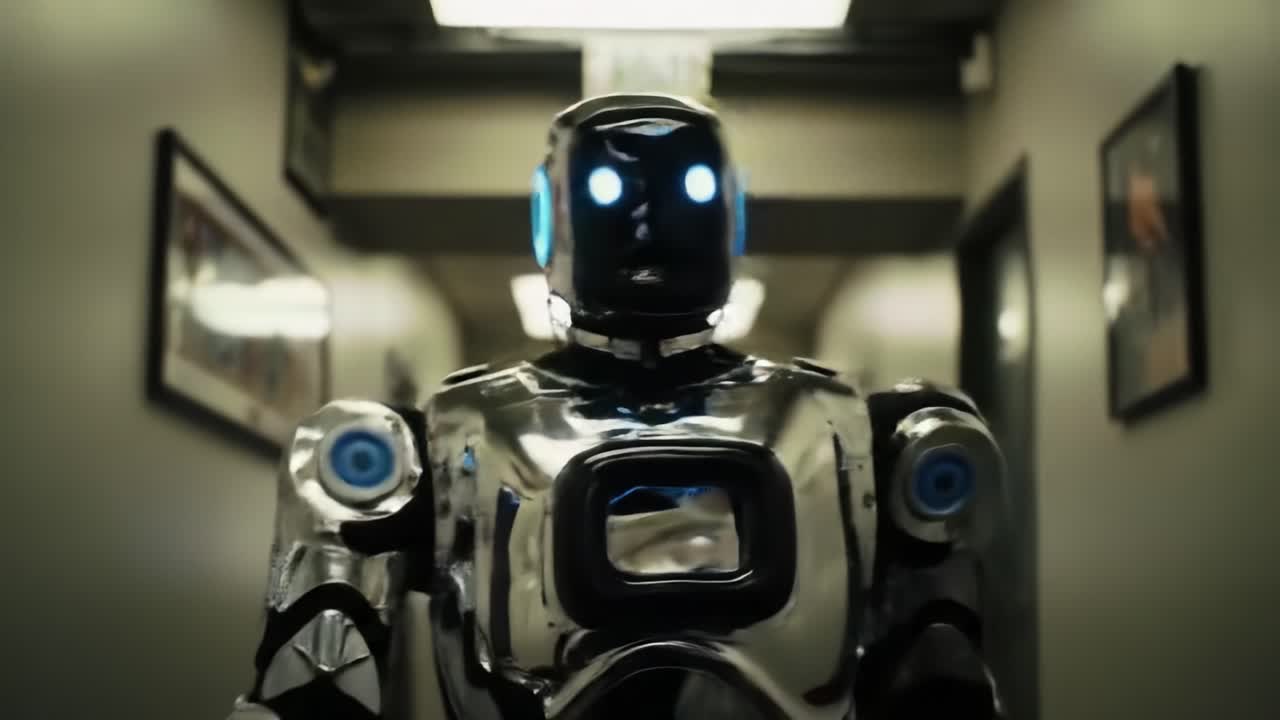 Futuristic Robot Figure Advances Through a Dimly Lit Hallway, Showcasing Advanced Technology and Sleek Design in a Captivating Display of Innovation