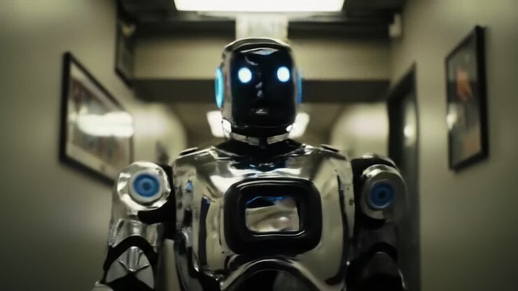 Futuristic Robot Figure Advances Through a Dimly Lit Hallway, Showcasing Advanced Technology and Sleek Design in a Captivating Display of Innovation
