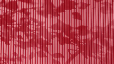 shadow of tree branches and leaves on vertical red corrugated metal wall. abstract natural light and linear pattern background. design for wallpaper, banner, postcard, greeting card, poster, header.