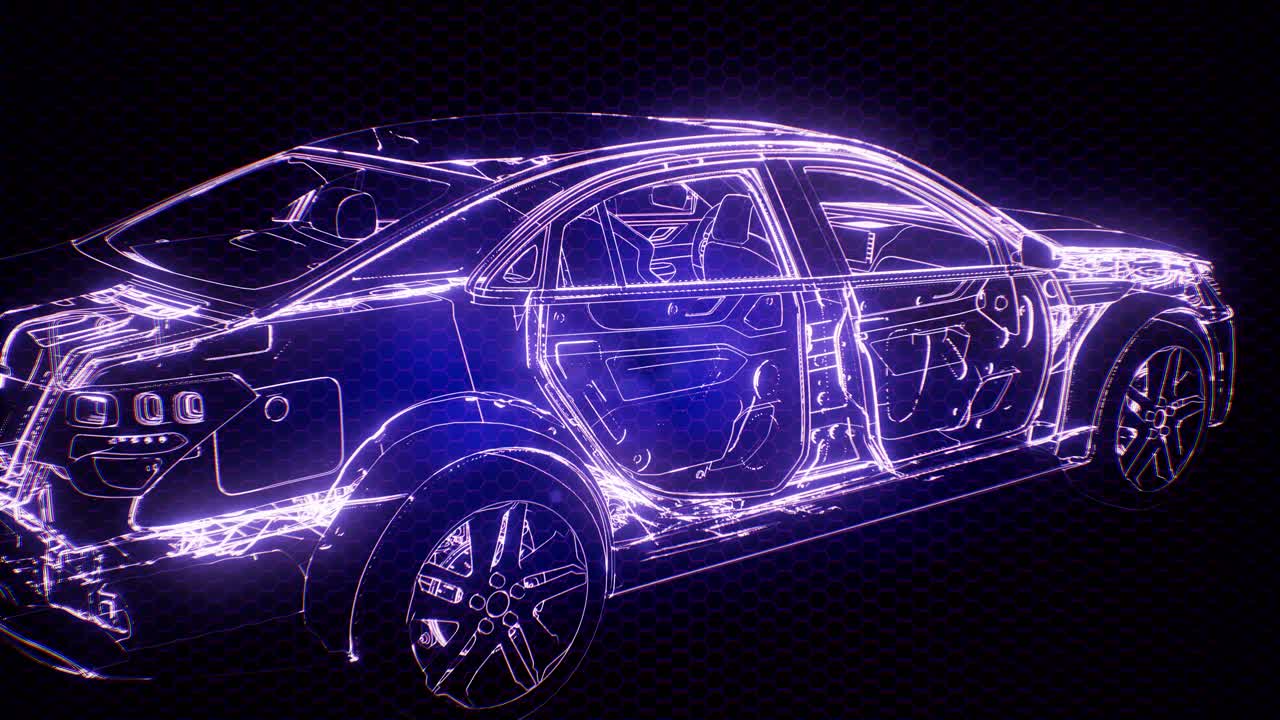 Animazione olografica di modello auto wireframe 3D con motore