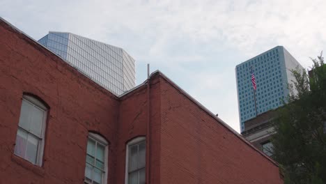 Low-angle-view-of-buildings-in-downtown-Houston,-Texas