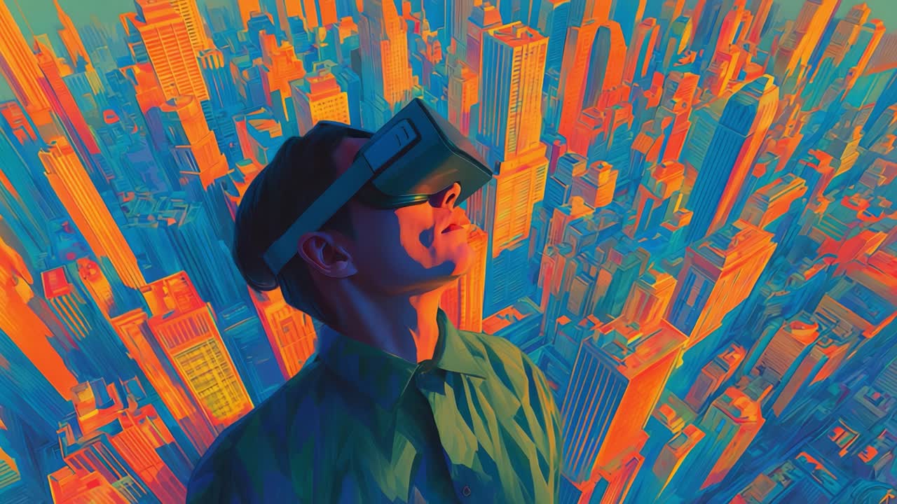 Astonishing Journey Through Virtual Reality: A Man Exploring the Urban Heights with Cutting-Edge VR Technology and Vivid Colors Against a Stunning City Skyline in a Digital Art Style