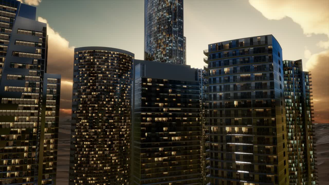 사막에서 해가 지는 도시 초고층 빌딩