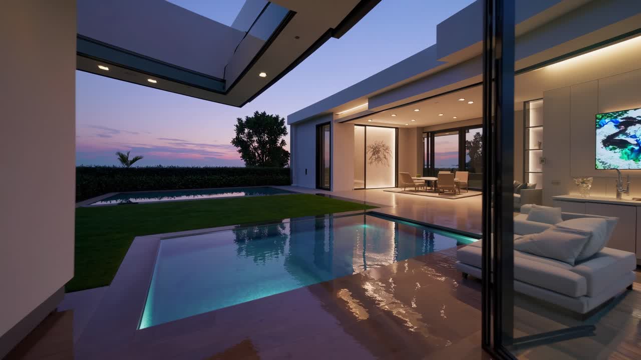 Modern luxury home interior transitions from evening light to twilight, showcasing seamless indoor-outdoor living with a tranquil pool and elegant furnishings