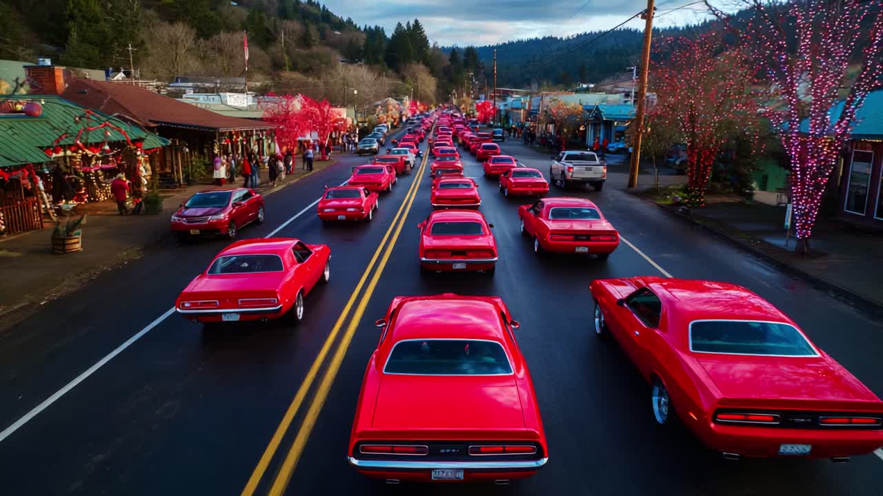 Spectacular Parade of Red Muscle Cars on a Festively Decorated Street, Showcasing Classic Automotive Beauty Amidst Holiday Cheer and Vibrant Scenery, Capturing the Essence of Community and Tradition