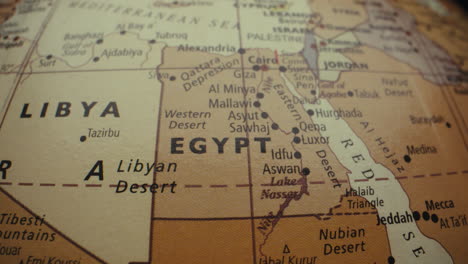 close-up of a world map focusing on egypt and libya