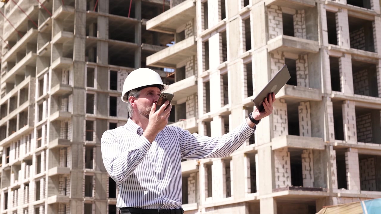 Gerente de Construcción Usando Smartphone y Tablet en la Obra