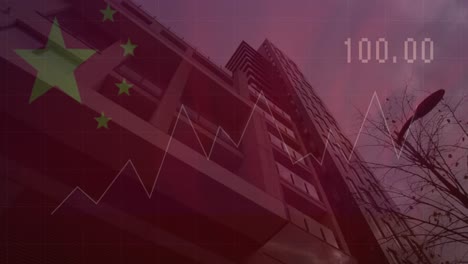 Animation-of-waving-chinese-flag-and-data-processing-against-tall-buildings