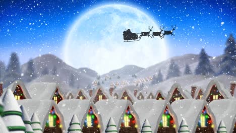 animation of silhouette of santa claus in sleigh being pulled by reindeer with full moon and snow fa