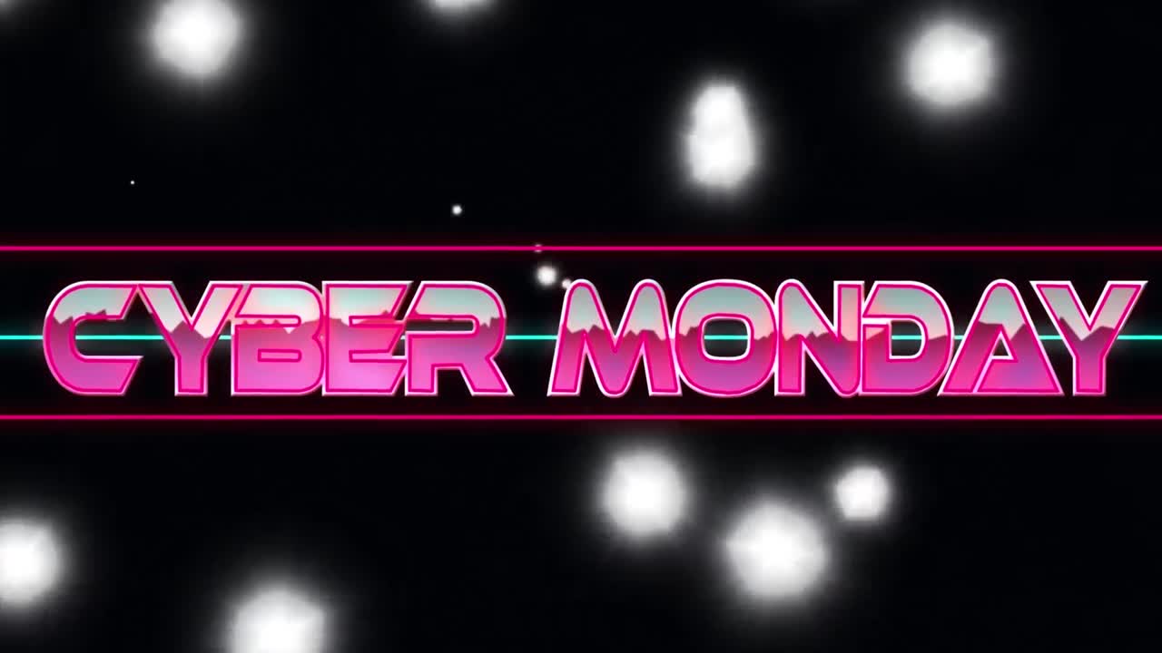 animación del texto del lunes cibernético sobre puntos de luz sobre fondo negro