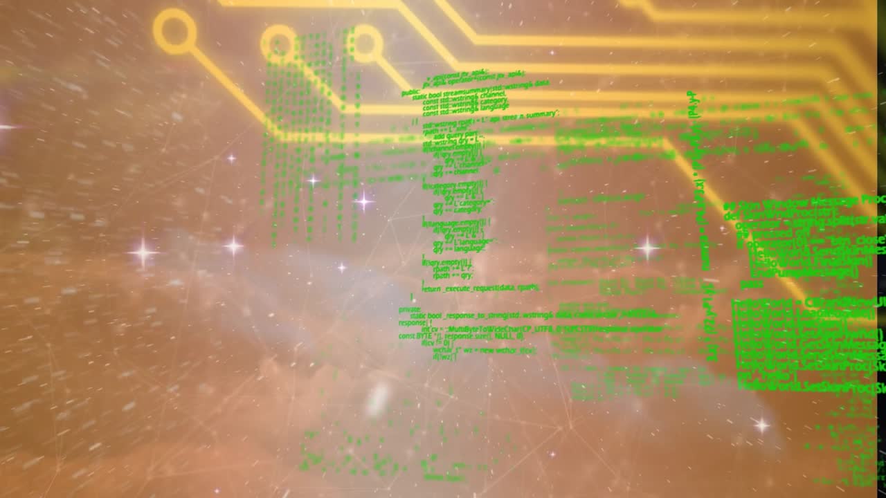 Animation of binary coding data processing over glowing computer circuit board