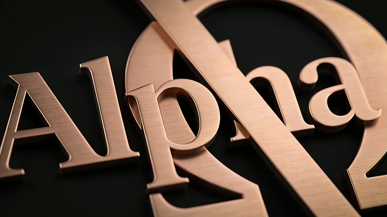 Moving camera and shifting light revealing bronze emblem at studio, highlighting Alpha Omega finish