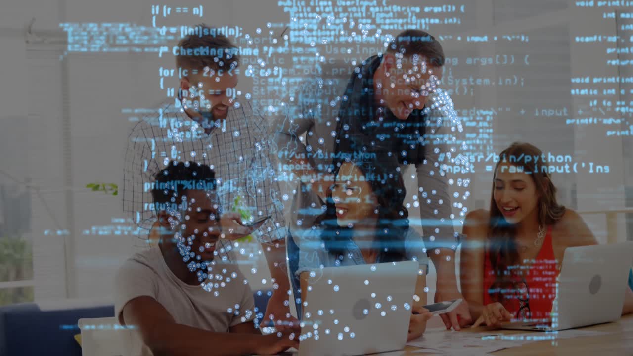 Animation of dots forming globe and computer language, diverse coworkers sharing ideas in office