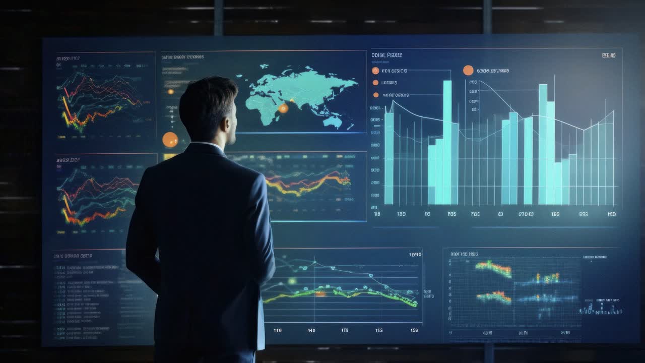 A man in a suit viewed from behind analyzes data on a large digital screen