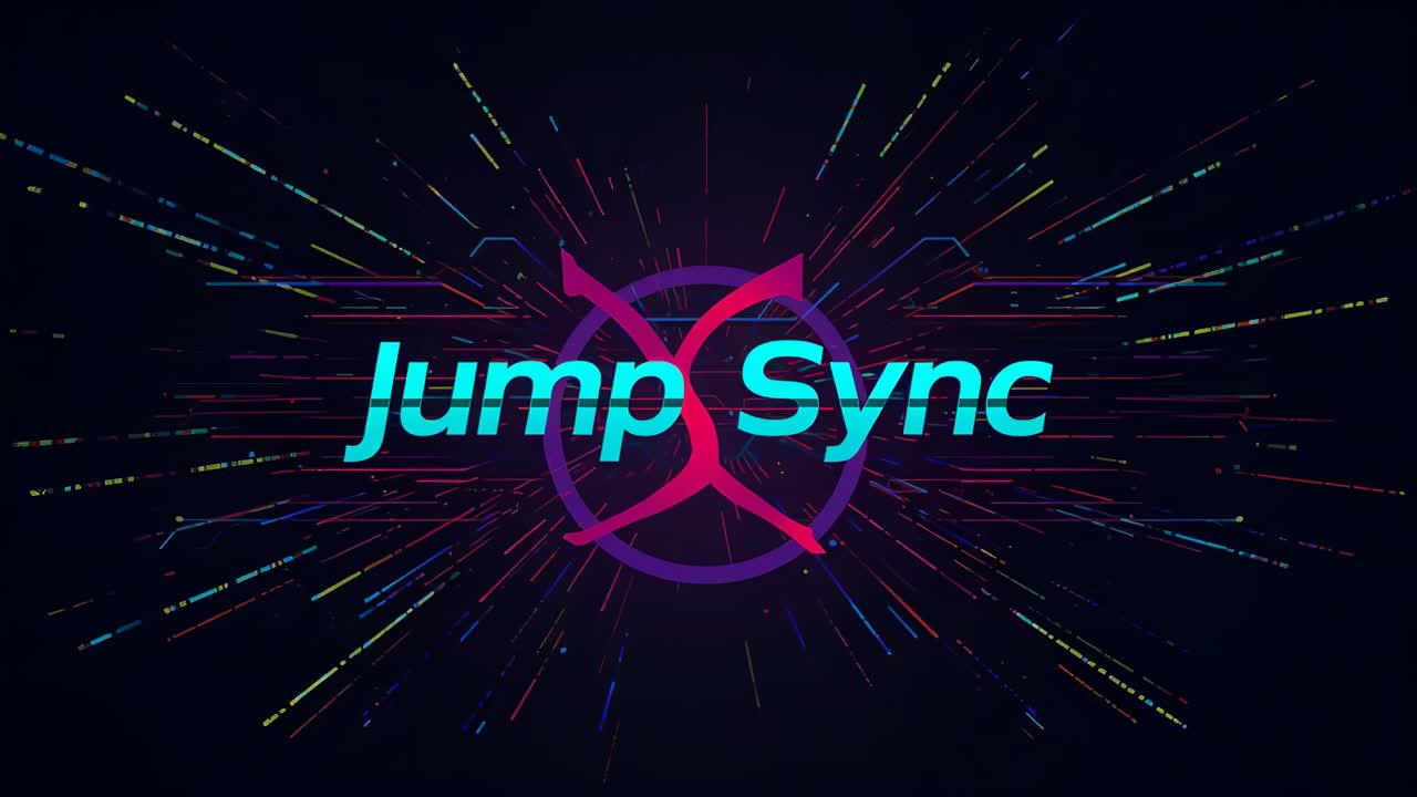 Bursting streaks sending turquoise Jump Sync wordmark and magenta X into blue halo revealing logo