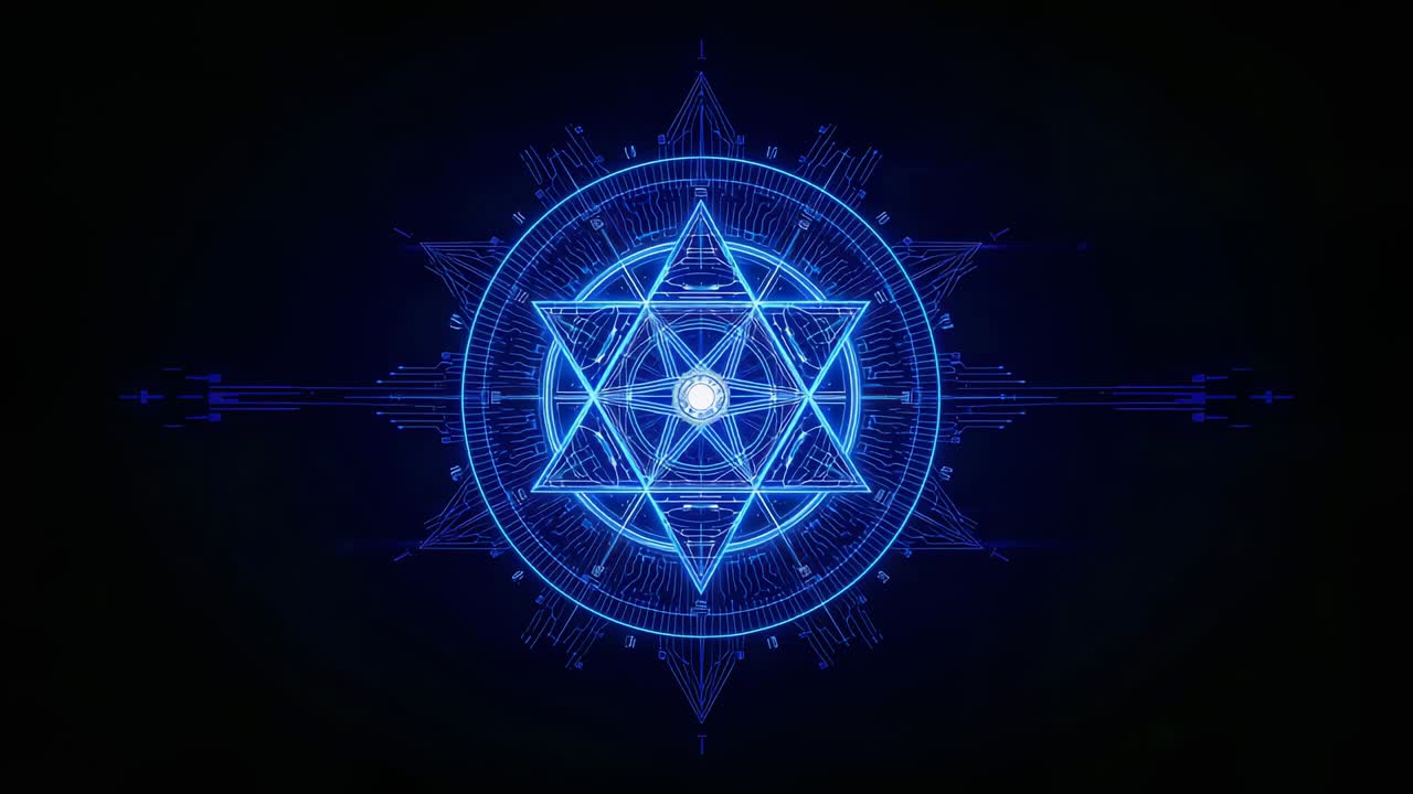 Pulsing central orb making blue sigil glow in black void, showing hexagram rings and pulsing waves